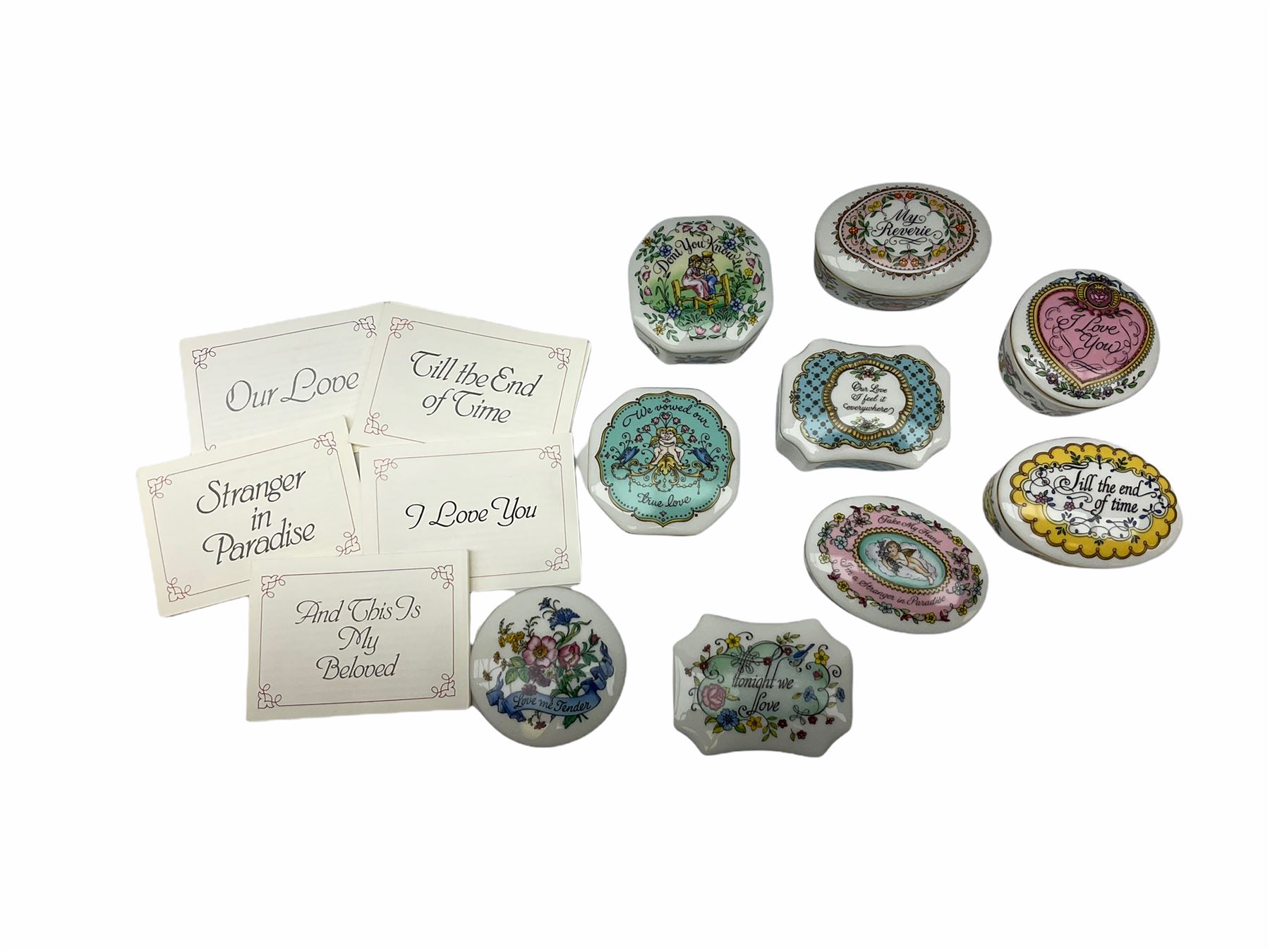 The Melodies Of Love Franklin porcelain Music Box Collection, to include 'I love you', 'Till the end of time', and 'Tonight we love', eight in total, together with Franklin porcelain 'Japanese' tea cups of 12 months, in stand. 