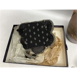 George V silver evening purse, the body of rectangular form with engraved decoration of swags and suspension chain, hallmarked G & C Ltd Birmingham 1918, together with Art Deco black beaded ladies bag (a/f), pair of hallmarked silver cufflinks, hallmarked silver bow brooch, 19th century portable inkwell, Victorian padlock stamped with the crown VR, etc