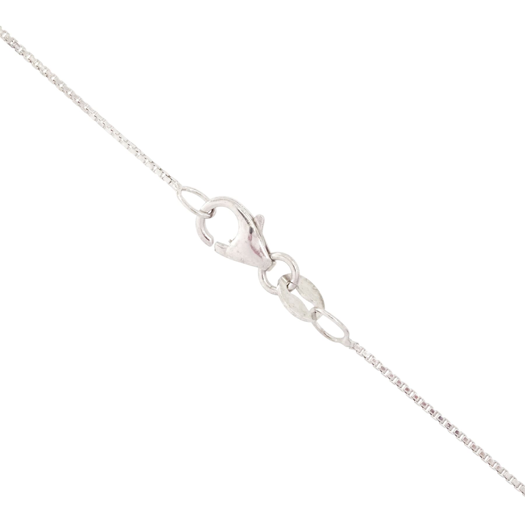 18ct white gold diamond pendant necklace, sixteen round brilliant cut diamonds, rubover set in a pear shaped pendant, on a fine box link chain necklace, stamped 750