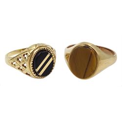 Gold black onyx signet ring and one other set with a tigers eye, both hallmarked 9ct