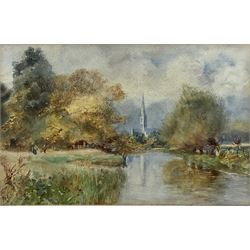 Walter Bothams (British 1850-1914): 'Salisbury Cathedral', watercolour signed with initials, labelled verso 18cm x 28cm