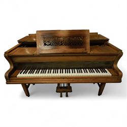 John Broadwood & Sons-20th century mahogany boudoir grand piano serial No 53529 (1920),  with twin square tapered legs and stretchers raised on brass castors, with an open fretted adjustable music desk and folding fallboard, conforming lyre with una-corda and sustain pedals, overstrung iron frame with original soundboard, action, hammers, dampers, felts, tuning pins and strings (two new base strings),  7-1/4 octave keyboard with 87 Ivory and ebonised keys (A0-B7), Tuned to concert pitch (A=440) however, requires tuning, action highly responsive with good repetition.

This item has been registered for sale under section 10 of the APHA Ivory Act Reference 4HSHGPGT