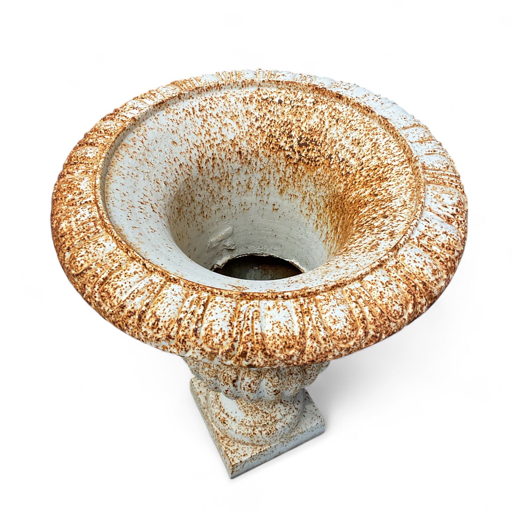 Pair of Victorian design painted cast iron garden urns, egg and dart rim, tapering column on pedestal base