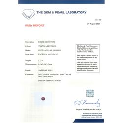 18ct gold and platinum Burmese ruby and diamond ring by Scarab London, single rectangular cushion cut unheated ruby of 1.13 carat, with a single French cut diamond set either side and round brilliant cut diamond surround, in a scrolling foliate design setting, with Alan Poultney Gems report, the ruby with The Gem & Pearl Laboratory report