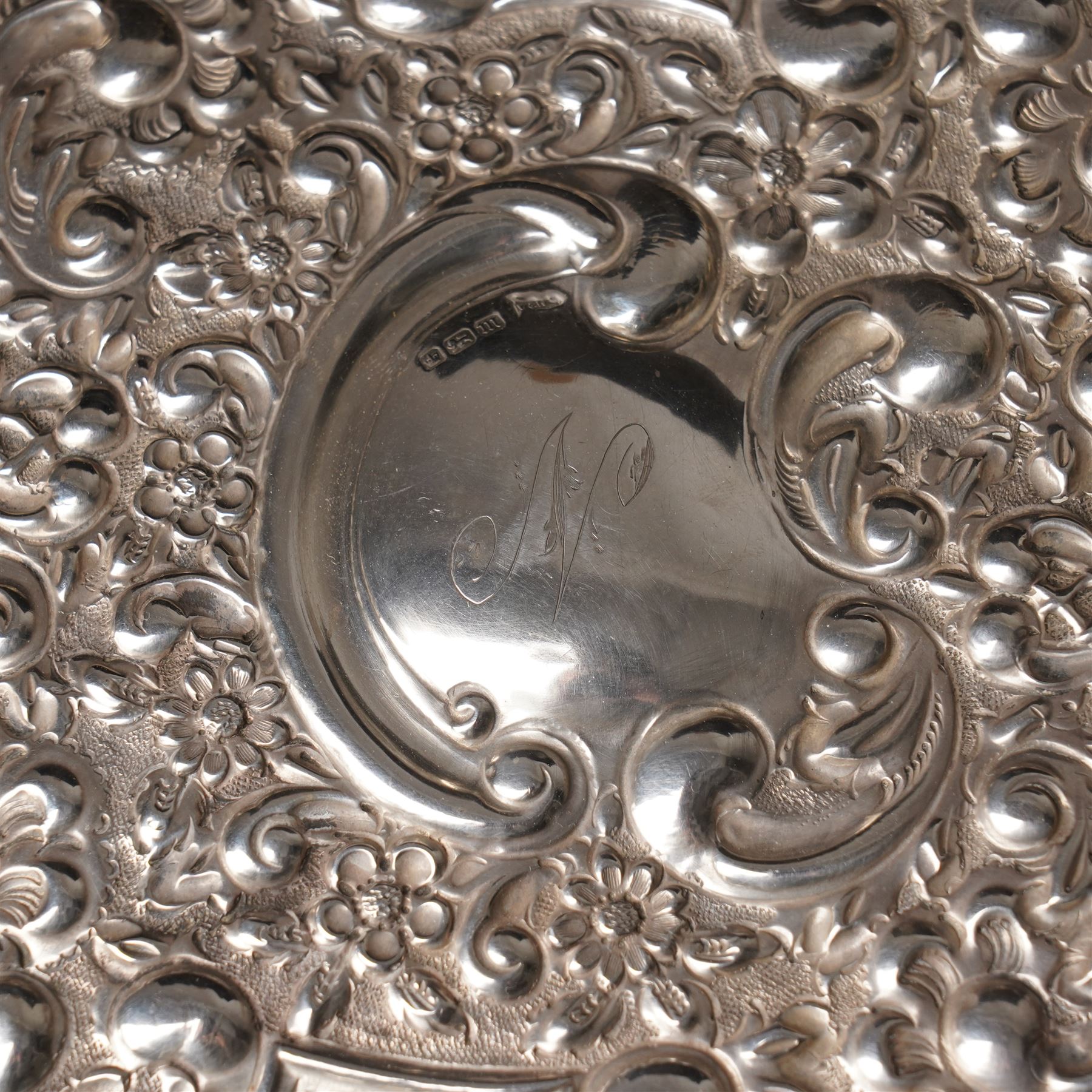 Edwardian silver folding desk blotter with watered silk interior and embossed decoration engraved with initial 'N' 27cm x 20cm Sheffield 1904 Maker Walker & Hall