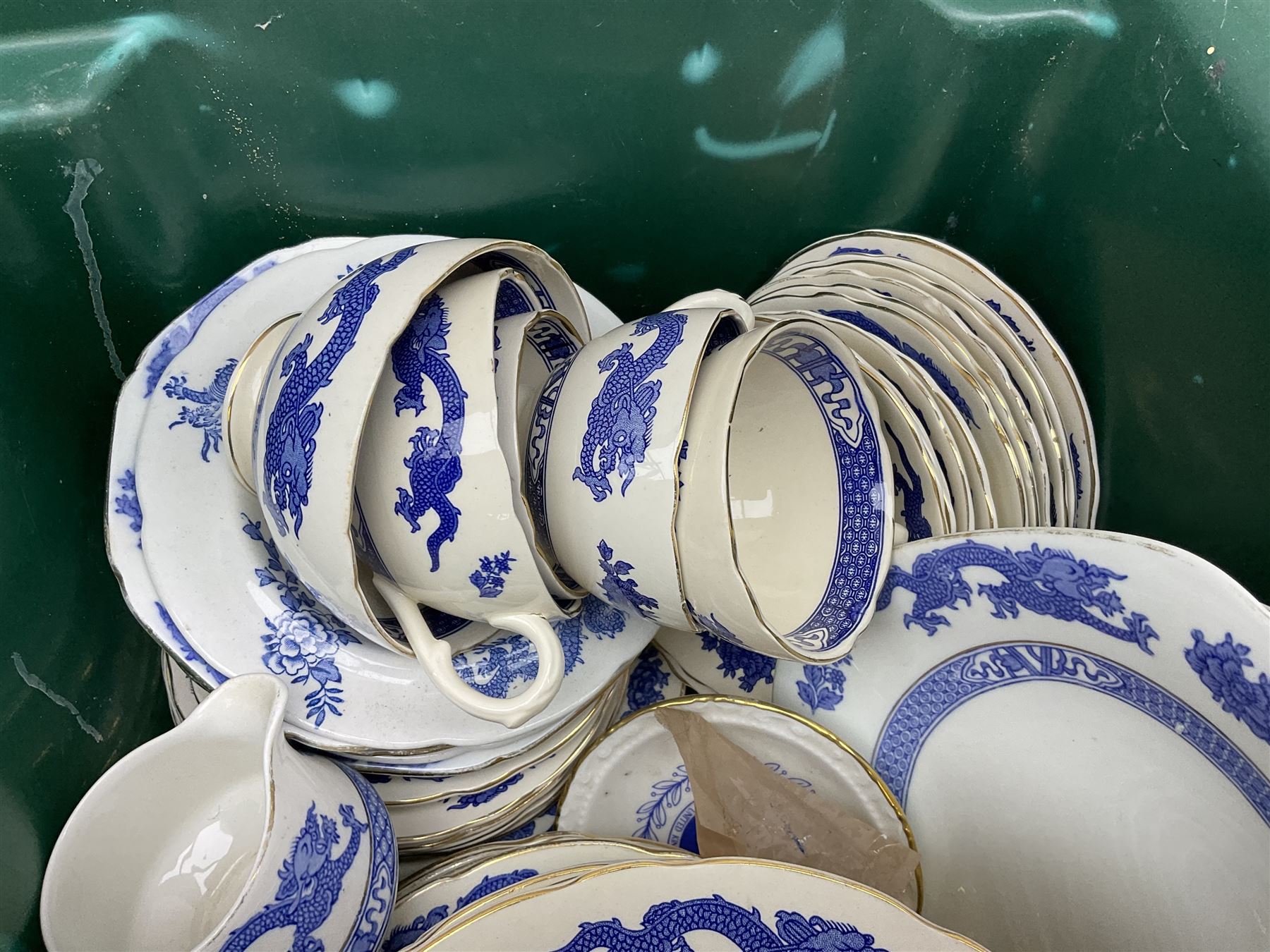  Burleigh ware jug with squirrel handle, together with similar falcon ware jug,  Shelley vase decorated in an orange colourway with fluted rim, and Royal Cauldon Dragon pattern tea and dinner wares, in two boxes