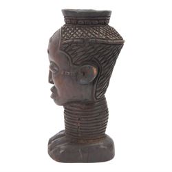 Kuba cup, African carved wood wine cup in the form of a female head, H31cm