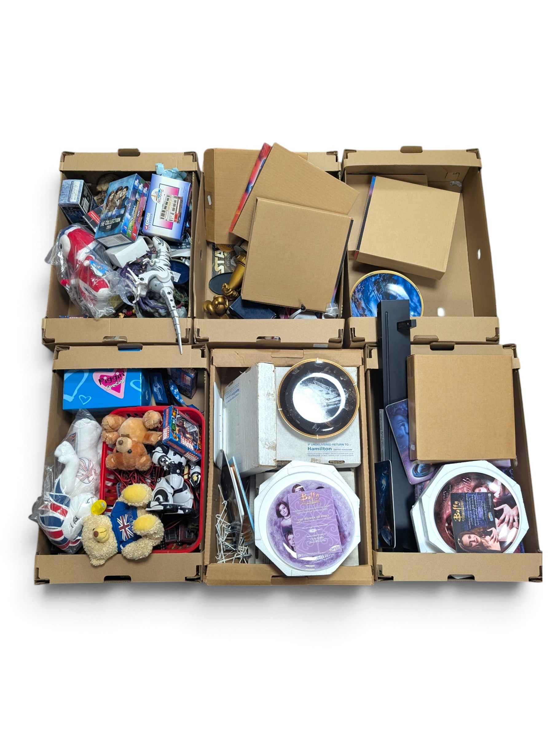 Large collection of Sci-Fi collectors plates, including Doctor Who, Star Trek and Buffy examples, together with Disney MGM trophy, diecast trains and other collectables, in six boxes
