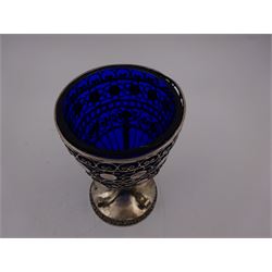 19th/early 20th century silver bon bon dish with blue glass liner, of goblet form with pierced floral decoration throughout, upon circular base, H12cm