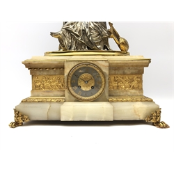  19th century gilt metal and alabaster figural mantel clock, surmounted by a silvered model of Sappho after Schoenewerk, silvered dial with gilt Roman numerals inscribed Auguste Emaine, case with gilt frieze, laurel leaf mounts and paw feet, twin train movement stamped Grenier Paris, 289, striking the half hours on a bell, H45cm, W42cm   
