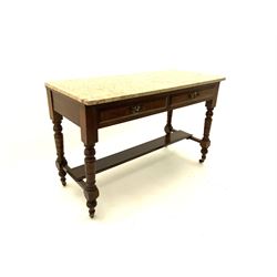 Edwardian walnut washstand with marble top, above two long drawers, raised on turned supports joined by stretchers and under tier. 