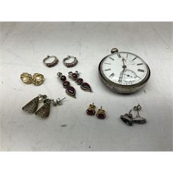 Pair of 9ct gold ruby stud earrings, pair of silver pink cabochon pendant earrings, four other pairs of earrings and a silver pocket watch 