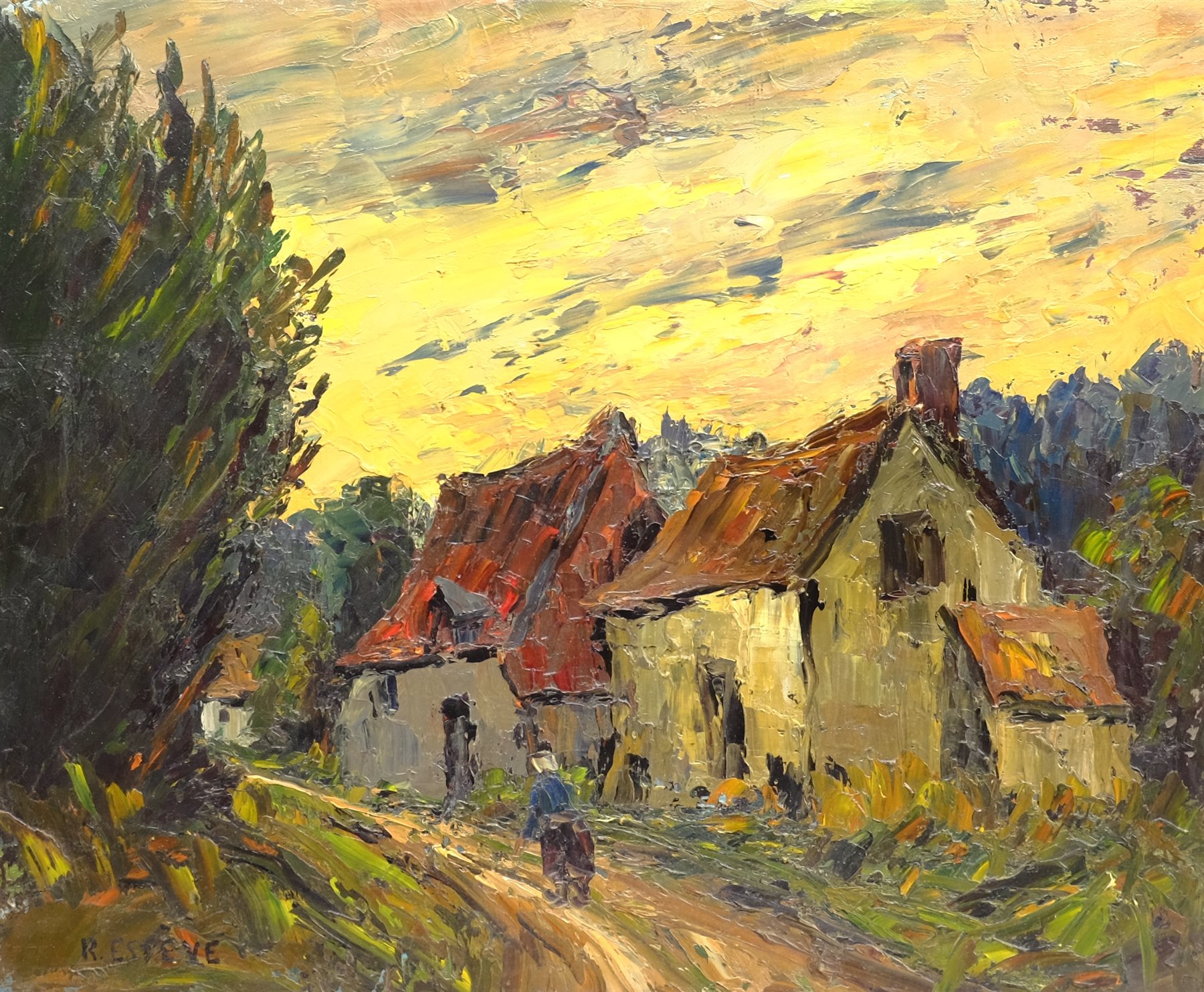 Remy Esteve (French 1917-2005): Country Lane with Cottages, oil on canvas signed 46cm x 55cm