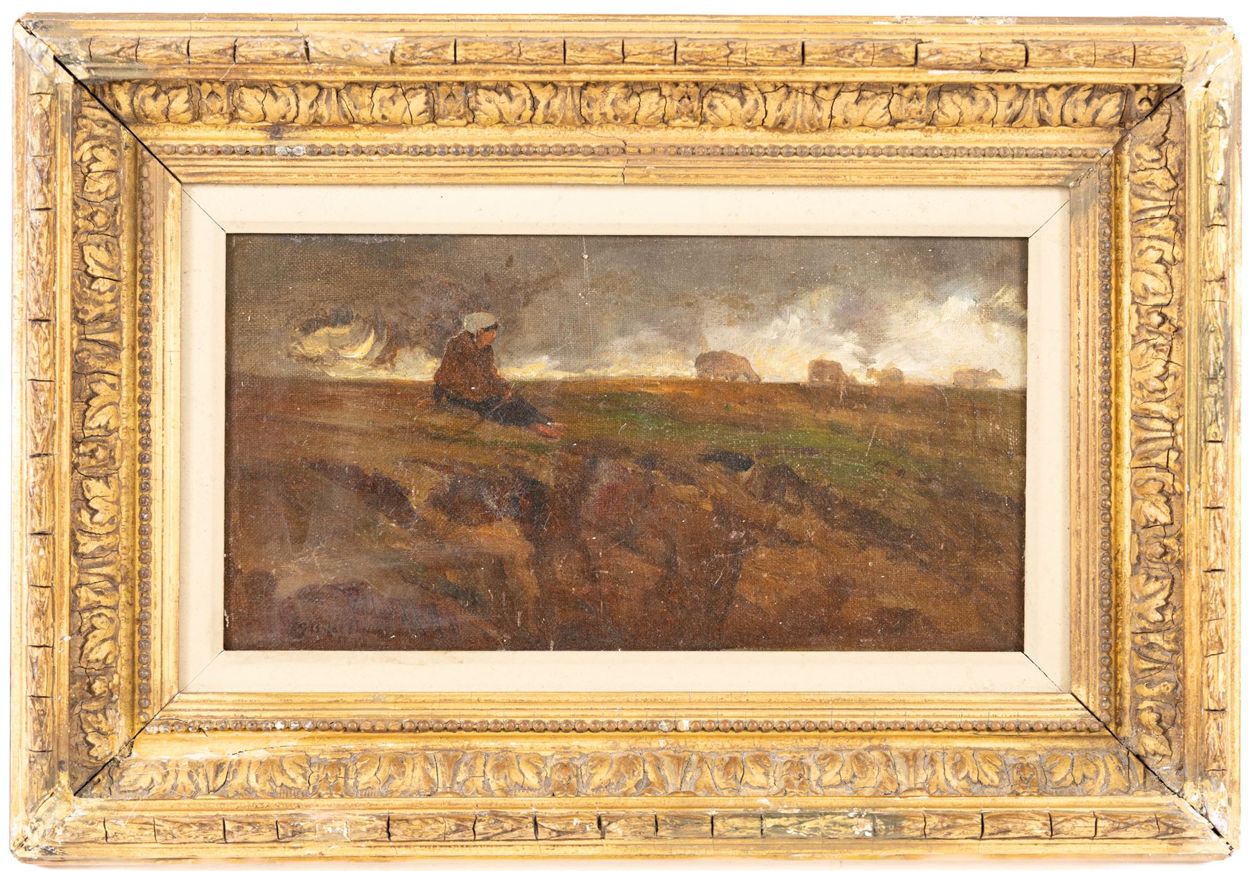 English School (19th Century): Figure and Cows on a Stormy Moorland, oil canvas laid onto board indistinctly signed 14cm x 27cm