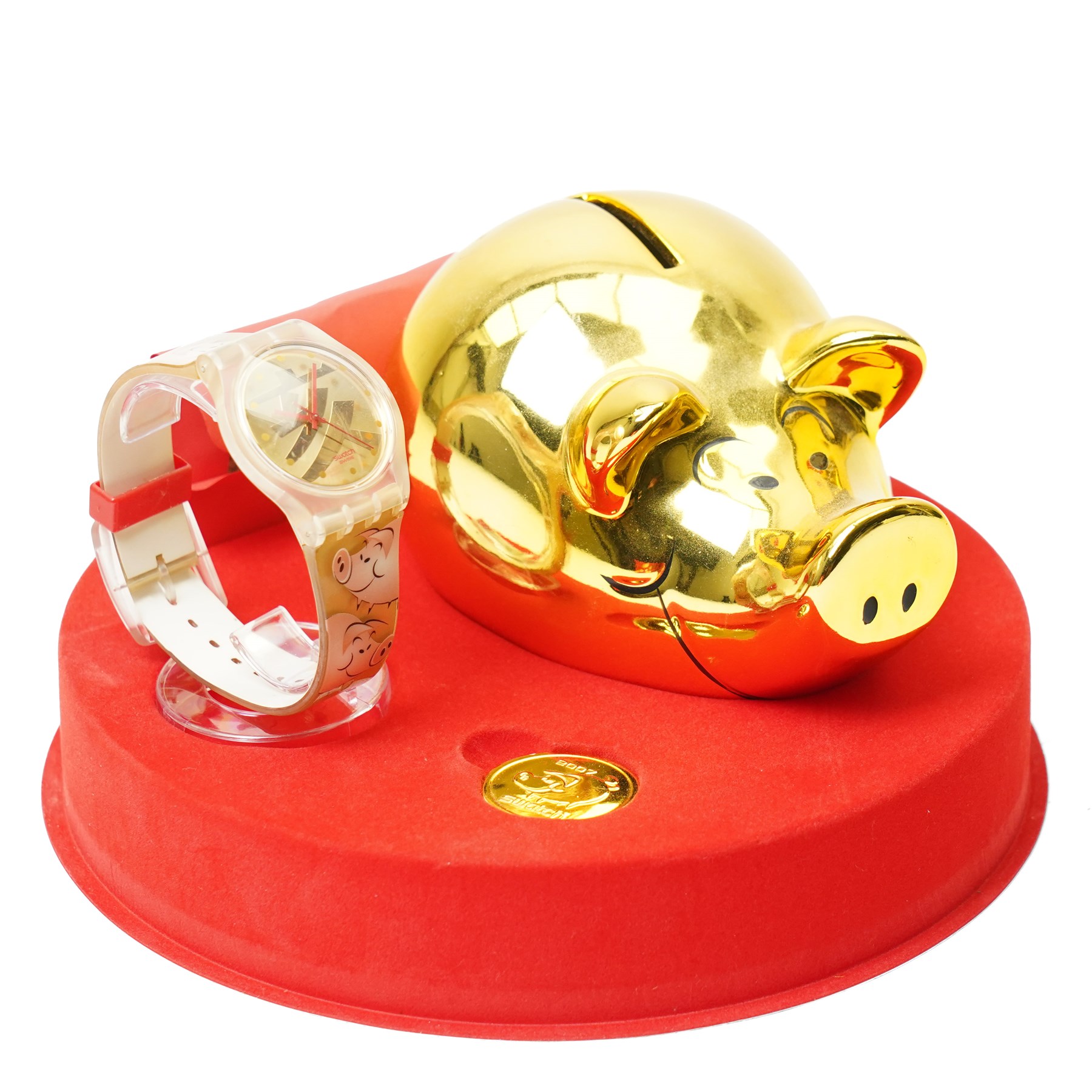 Swatch 2007 Year of the Pig watch set, in presentation box with gilded piggy bank and token