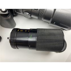 Four camera bodies, to include, Ricoh KR-10 serial no. 38826, Pentax MZ-M serial no. 4185969 with 'SMC Pentax- M 1:3.5 28mm' lens, Canon EOS500 serial no. 080927, with 'Sigma Zoom 100-300mm 1:4.5-6.7 DL'  lens etc, with other camera lenses and equipment 