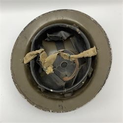 WW2 ARP warden's steel helmet with original liner and chin strap, marked W with one diamond above for Head Warden, stamped under rim J.S.S. IFH 1939