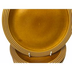 Hornsea Pottery Saffron pattern dinner and tea ware, comprising two lidded vegetable dishes, oval platter, nine dinner plates, six side plates, seven tea plates, covered tea caddy, covered coffee caddy, coffee pot, large jug, small jug, eight cups and seven saucers (45).  