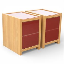 Sliderobes - modern dressing table and two bedside cabinets, red glass panels to top and drawer fronts, drawers with push to open mechanism, with veneered oak frames (Bedside tables H 56cm, D 50cm, W 40cm; Dressing table: H 83cm, D 50cm, W 135cm)