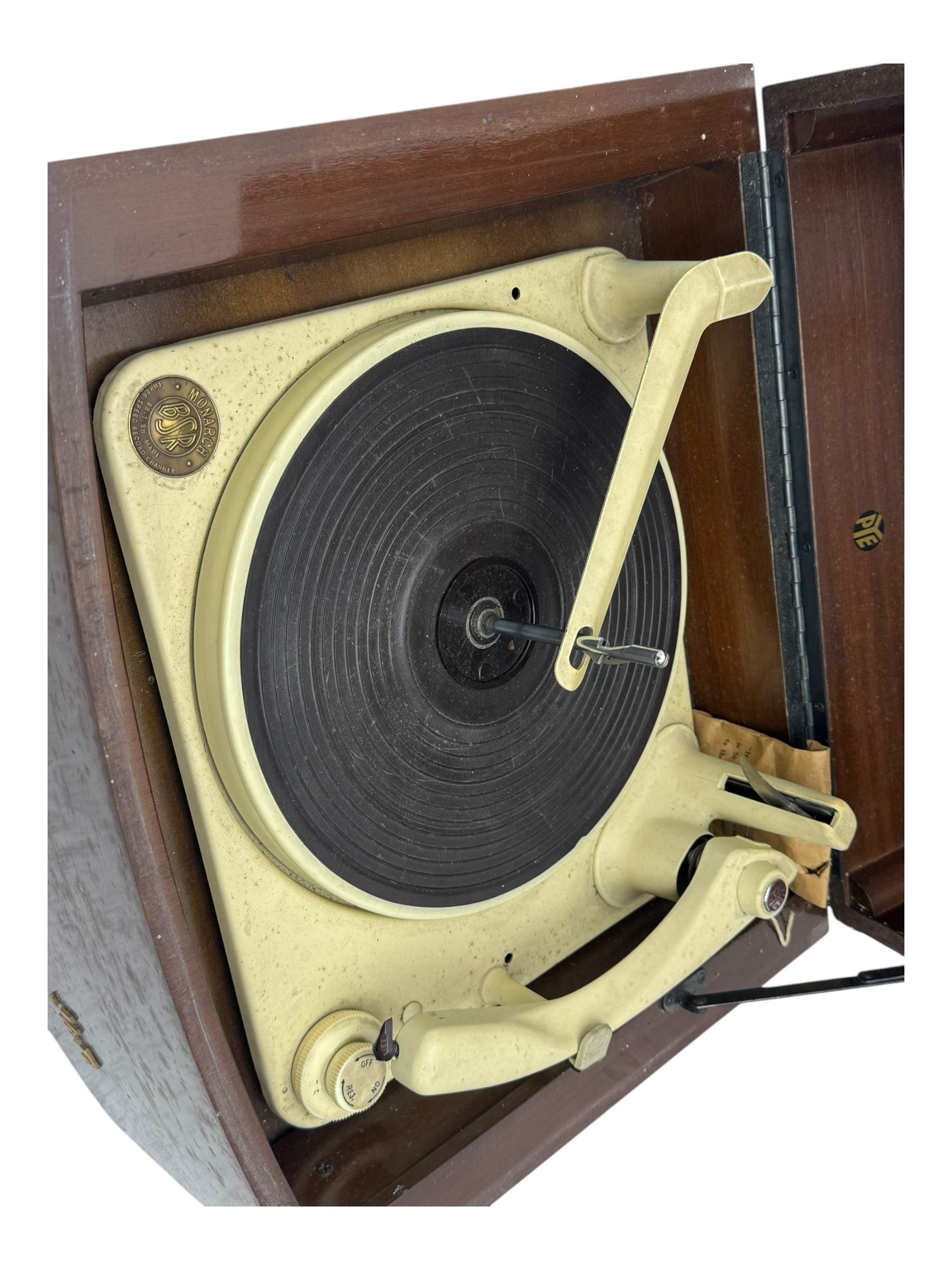 Mid-20th century Pye Hi-Fi record player, housed in a mahogany case, fitted with a BSR Monarch three-speed record changer mechanism