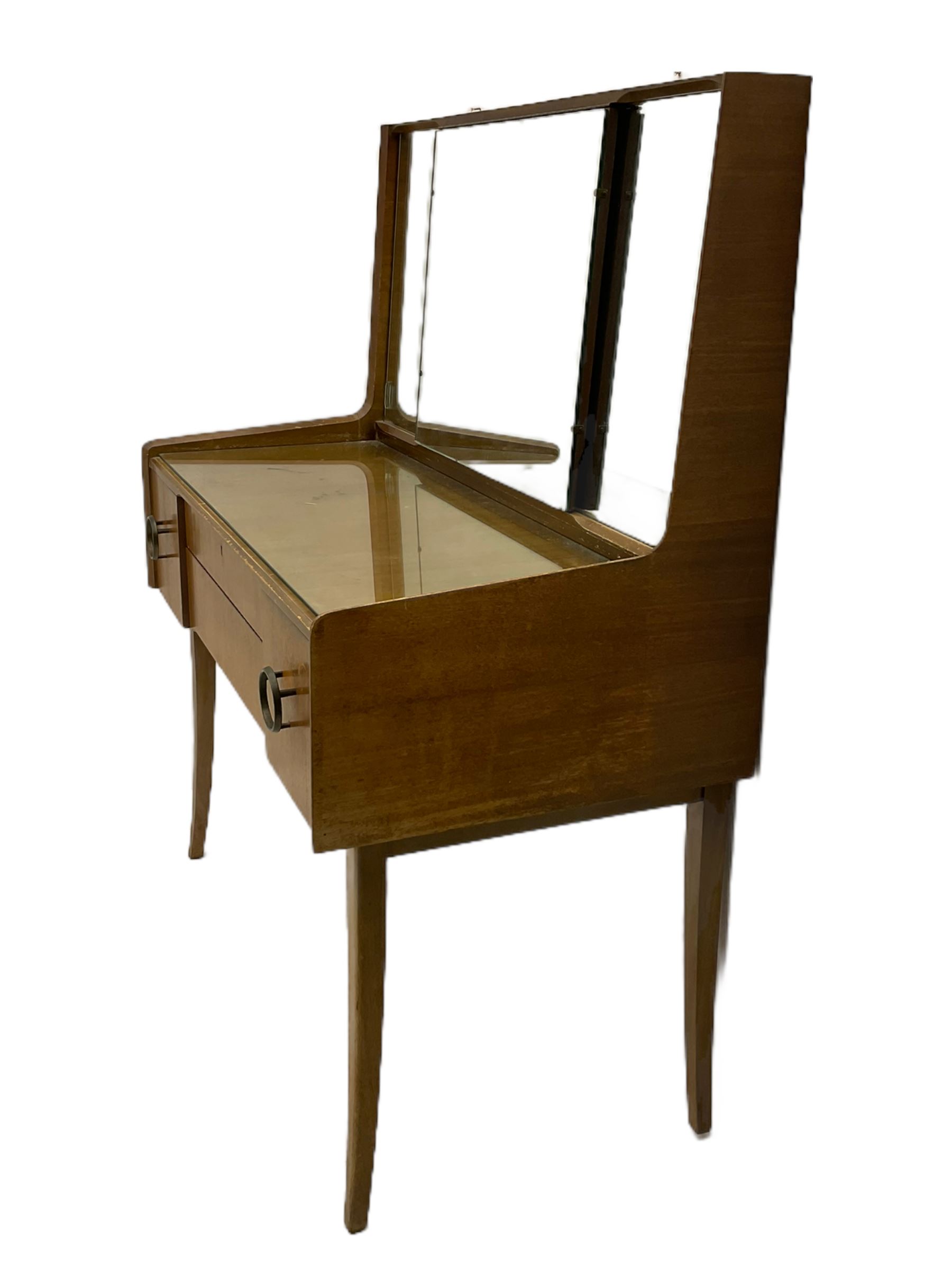 Retro sapele mahogany dressing table with sliding mirror compartments, and matching tallboy