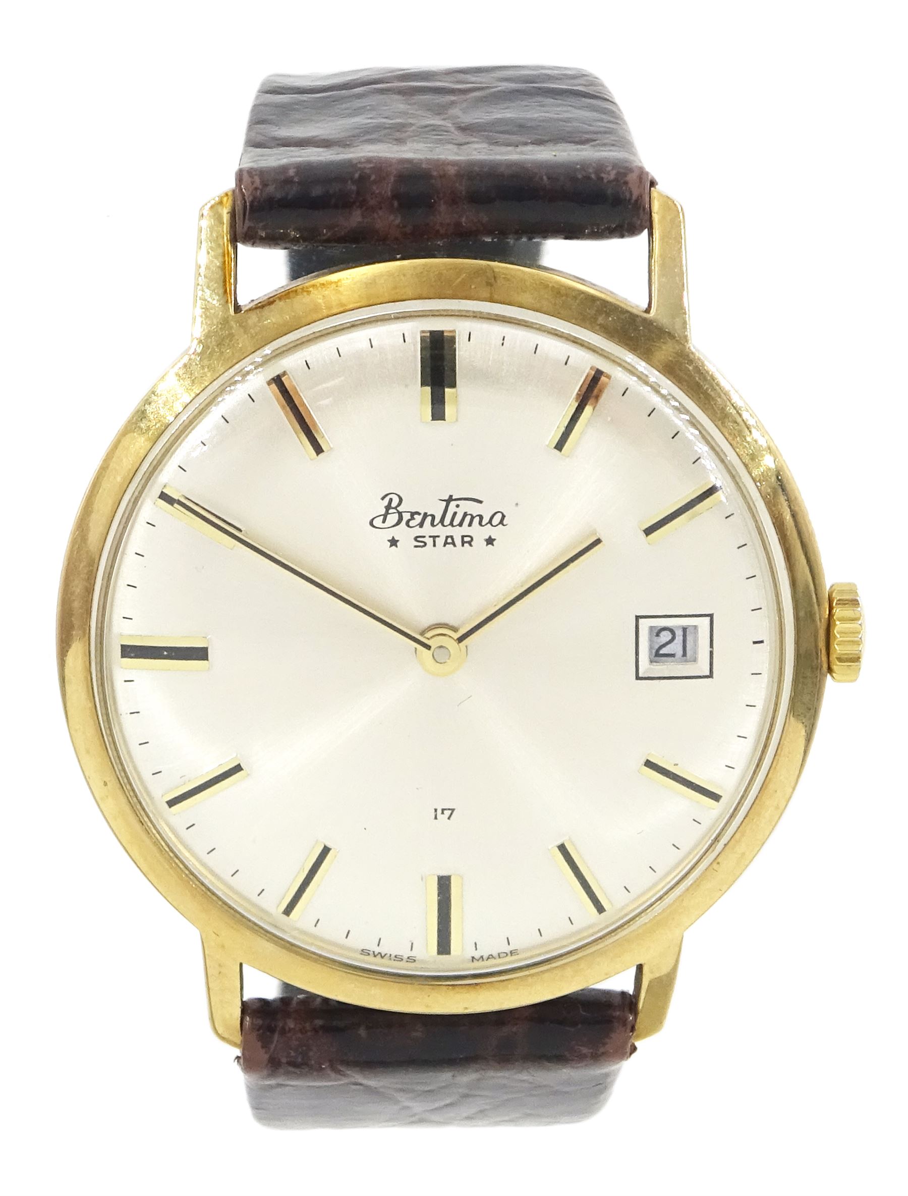 Bentima Star gentleman's 9ct gold manual wind wristwatch, silvered dial with baton hour markers and date aperture, Sheffield import mark 1975, on brown leather strap