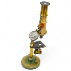 Late 19th century French brass microscope with rack adjustment in mahogany case 26cm x 10cm 