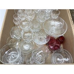 Stuart Crystal Hardwicke pattern glasses, silver mounted glass tray stamped Birmingham 1909, silver collared bottle, pukeberg of Sweden owl paperweight, decanter, mantel clock, dressing table brush set etc in three boxes