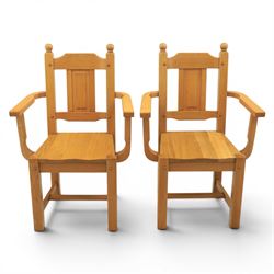 Contemporary solid oak dining table, and set of eight chairs, rectangular plank top with chamfered edges, raised on square supports