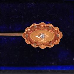 Mid 20th century silver powder compact, of circular form with engine turned decoration and engraved initials to interior, hallmarked, together with a pair of silver cufflinks, gold on silver cufflinks and tie clip, 15ct gold stick pin set with rose cut diamond, mirror D6.5cm