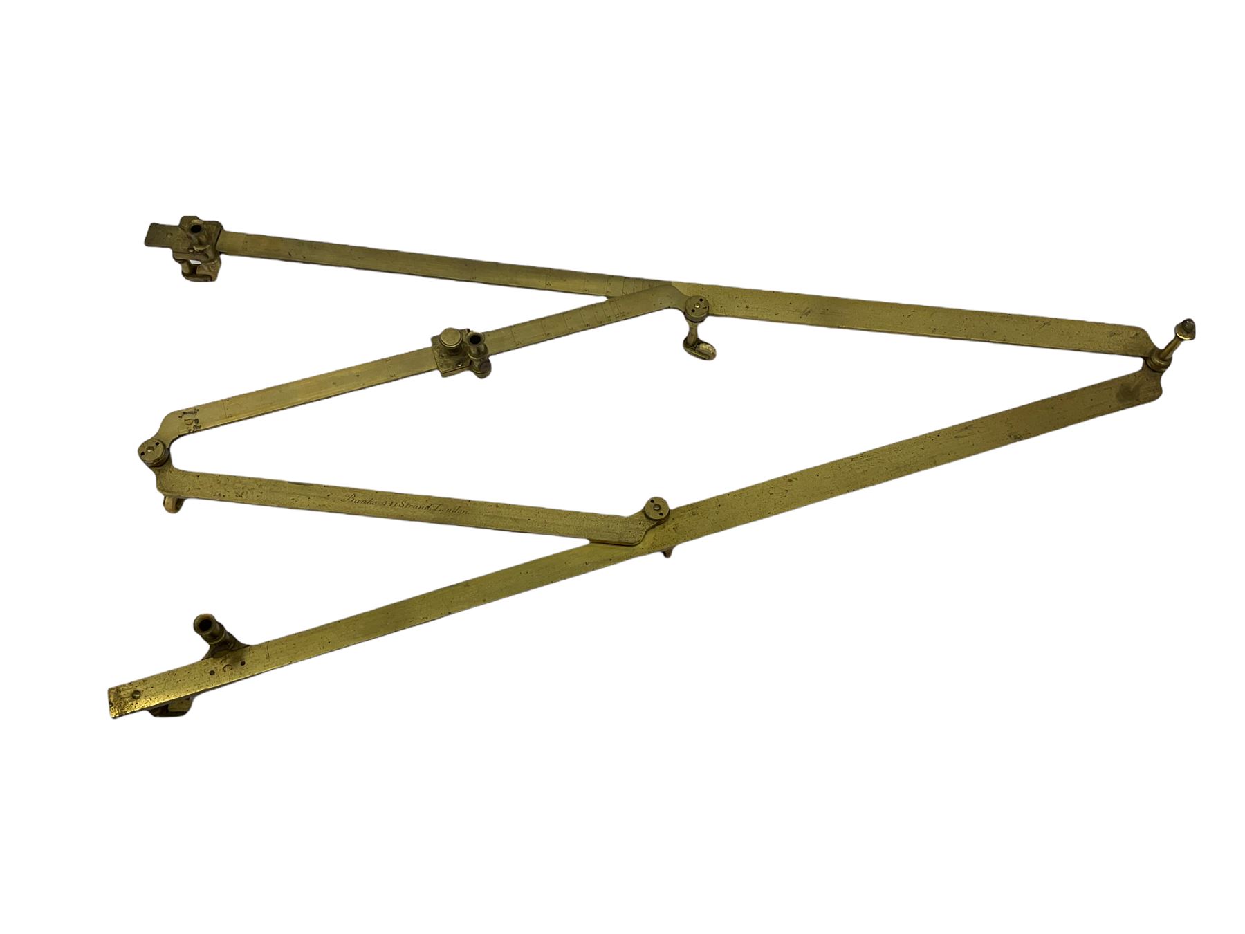 19th century brass pantograph by Robert Banks 441 Strand London, in an oak case, L56cm, W12cm