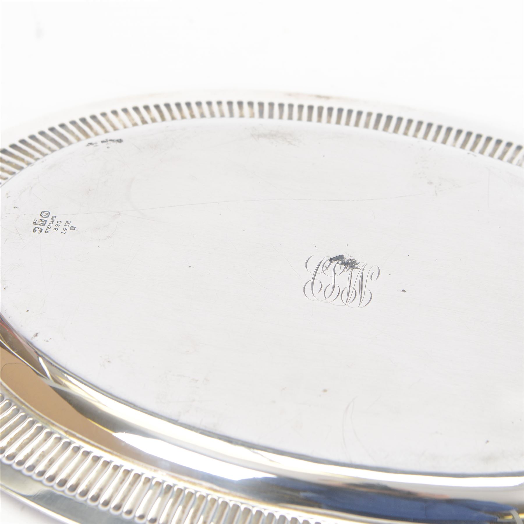 American silver tray, of plain oval form with embossed rim engraved to underside with monogram, stamped Sterling with maker's marks for Gorham, W24cm, L36cm
