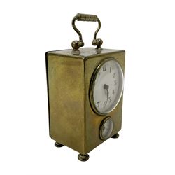 French - petite early 20th century French brass cased travelling alarm clock, with bun feet and carrying handle, circular enamel dial with Arabic numerals and spade hands, conforming alarm setting dial beneath, with a platform escapement, wound and set from the rear.