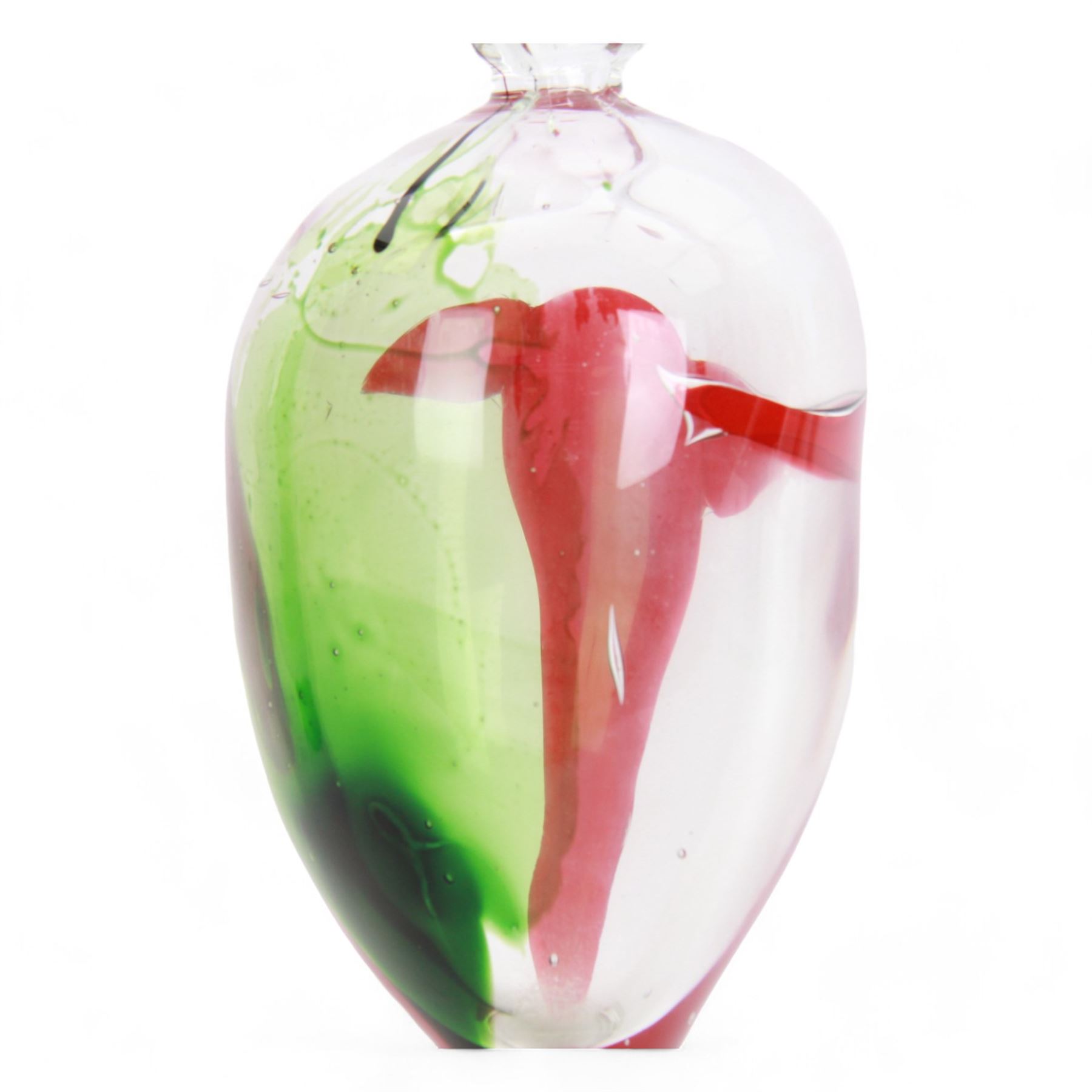 Raffaele Rossi (Italian 1956-): Large hand blown glass vase of tapering form, the cased glass body with green and red internal decoration, on oval foot, signed and dated 1997, H40cm 