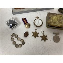Elgin pocket watch, coin bracelet, silver Albert chain, Alfex watch, WWI Christmas tin and three WWII medals including two stars