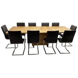 Contemporary walnut extending dining table, rectangular pull-out extending action top with two additional leaves, on rectangular base with burnished metal feet (160cm - 258cm x 100cm, H78cm); together with a set of ten cantilever dining chairs upholstered in stitched brown leather, on burnished metal supports 