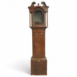 Three empty oak longcase clock cases-for restoration , parts, repair, and two 30hr chain driven movements with 12