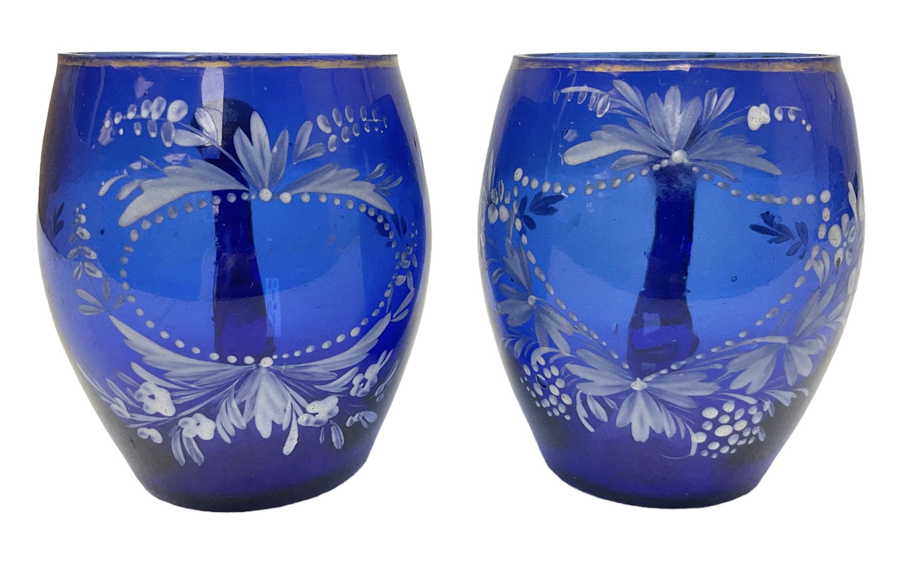 Pair of Victorian cobalt blue glass cups with gilt and painted decoration, entitled Hope's the Balm of Life and Love me as I Love Thee, H8.5cm