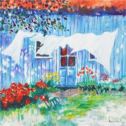 Ann Lamb (British 1955-): Laundry Drying in the Wind, acrylic on canvas signed 40cm x 40cm...