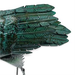 Pair of metal herons, in green and silver tones, with heads raised, H94cm