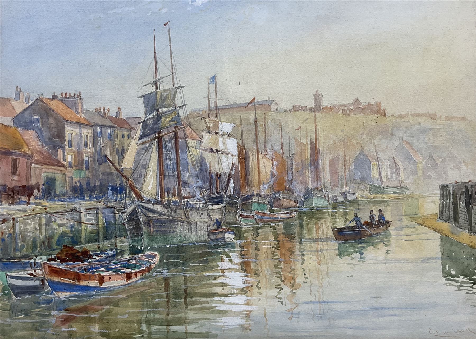 Charles John de Lacy (British 1856-1929): Sailing Vessels Moored at Dock End Whitby, watercolour signed 25.5cm x 36cm