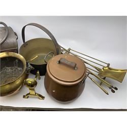 Selection of metal ware, including 19th Century jam pan, twin handled copper pan and cover, brass jardinere with twin handles modelled in the shape of the stag, copper coal scuttle and scoop and various brass fire accessories   