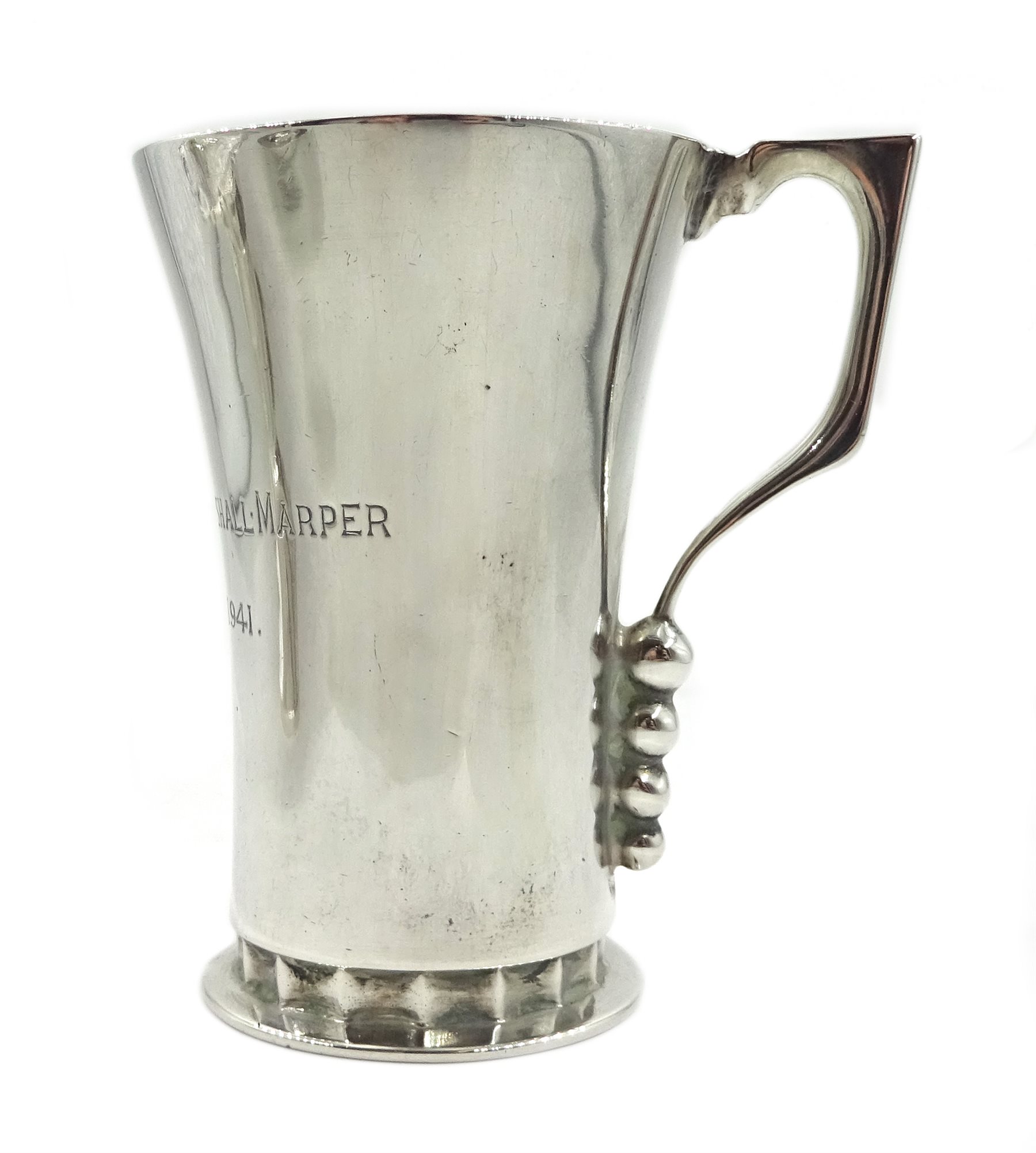 Silver Art Deco christening mug, engraved decoration by Stower & Wragg Ltd, Sheffield 1939, silver scalloped design, pedestal bon bon dish by Mappin & Webb, Sheffield 1956 and a silver small dish by William Comyns & Sons Ltd, approx 9.5oz