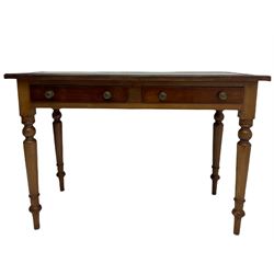 20th century mahogany writing table, inset leather top, fitted with two drawers