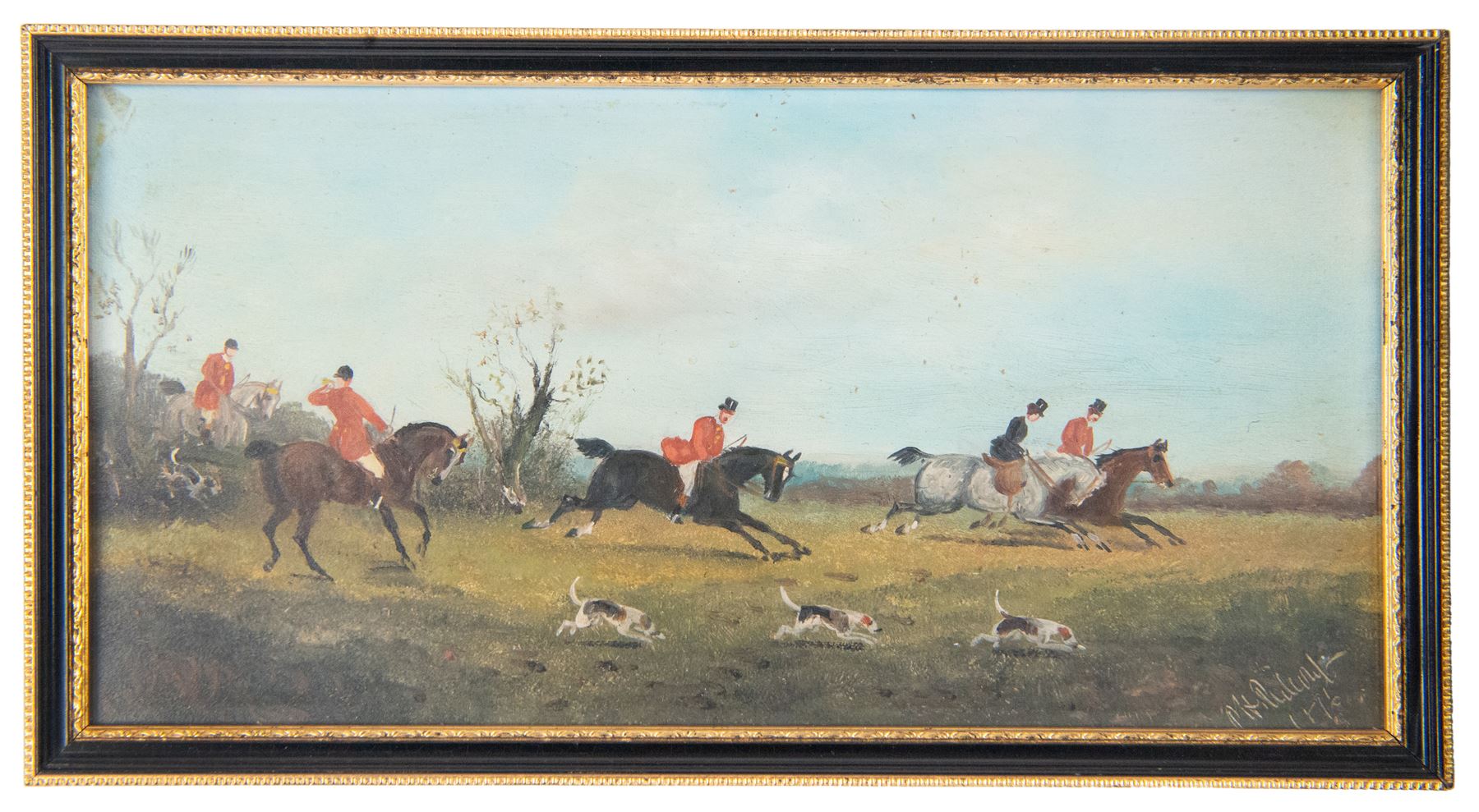 Philip Henry Rideout (British 1860-1920): The Hunt, pair oils on board signed and dated 1896, 15cm x 30cm 