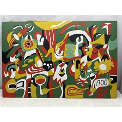 Christine Gloria Cox (Scarborough 1942-2014): '1900', collage of acrylic panels signed and titled with Yorkshire Artists Exhibition label verso 61cm x 92cm (unframed)