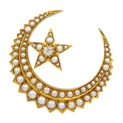 Victorian gold split pearl and old cut diamond star and crescent moon brooch