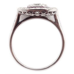  White gold ruby and diamond hexagonal shape ring, centre diamond approx 0.7 carat   