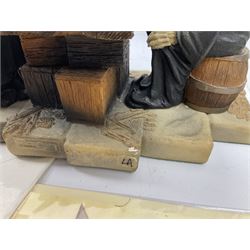 Terry Pratchett Discworld figures, designed by Clarecraft, comprising Death and Granny Weatherwax, DW90, Deathhead DWE8, Dried-frog pill box, boxed, DW63, Death as Beau Nidle, boxed, DW88, Agnes Nitt DW68, Detritus, DW22, Bonsai mountain, DW78, Volcanic bonsai mountain, boxed, DW79, Bonsai mountain valley, DW80, together with the Discworld mapp, and a collection of Terry Pratchett cards.  