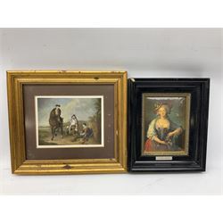 Hurt (British 20th century): Cottage with Bridge, oil on board signed housed in ornate gilt frame 6cm x 8cm together with collection of small prints including 'Duke of Wellington' after George Baxter and other prints after Pieter de Hooch, Élisabeth Vigée Le Brun, Bartolomé Esteban Murillo and Edward Penny etc (10)